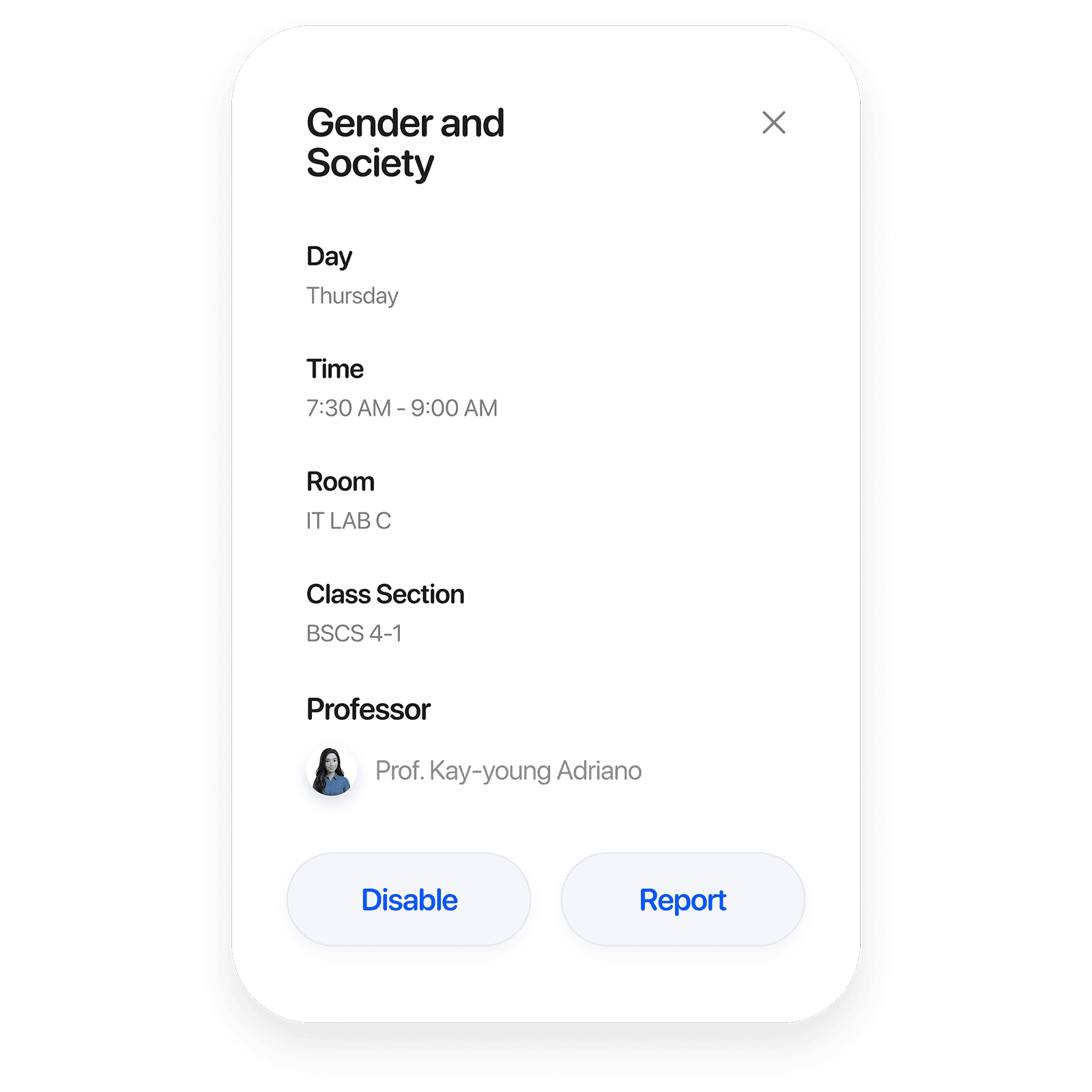 Class detail sheet showing schedule and professor information inside MySched.