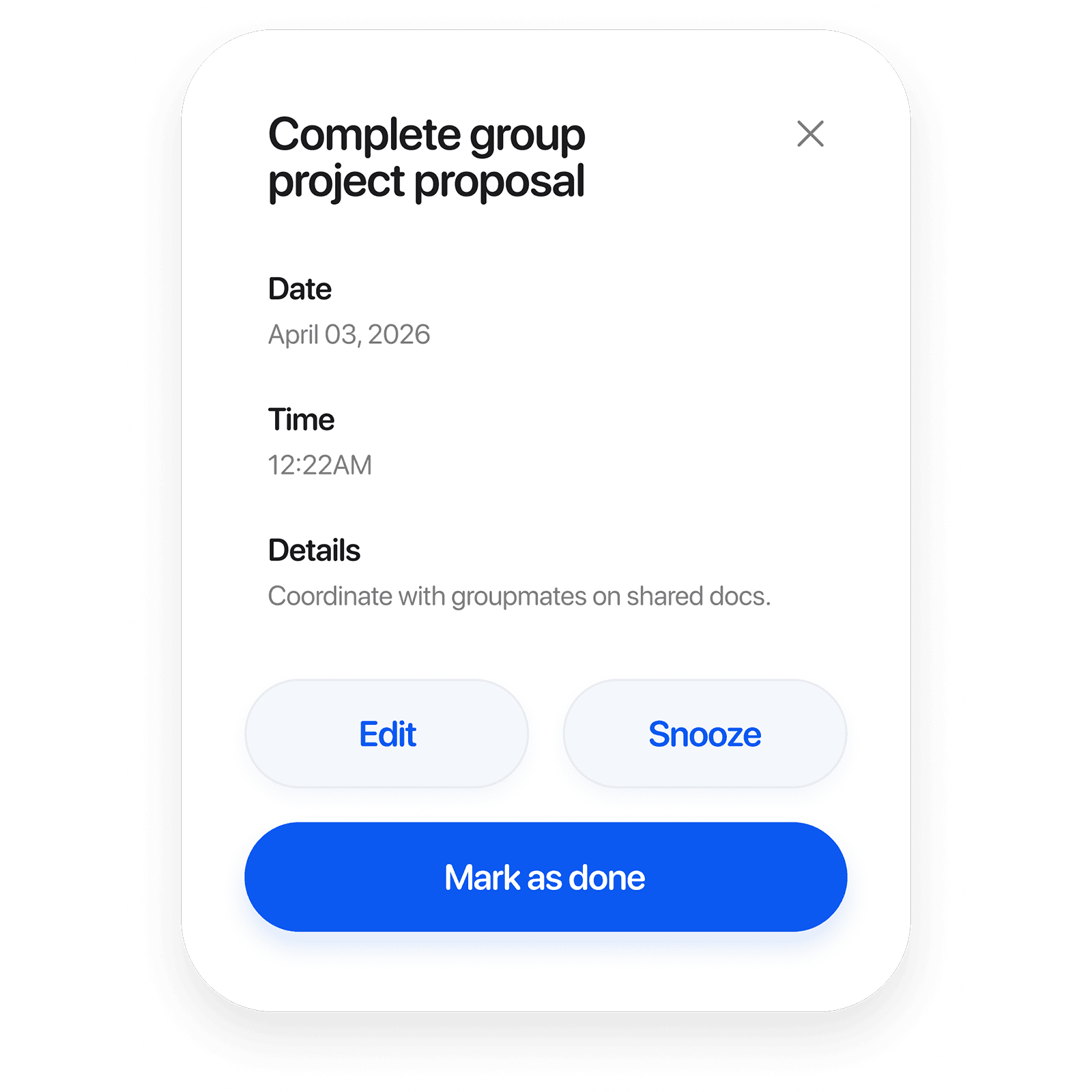 Reminder details sheet for a task inside MySched.