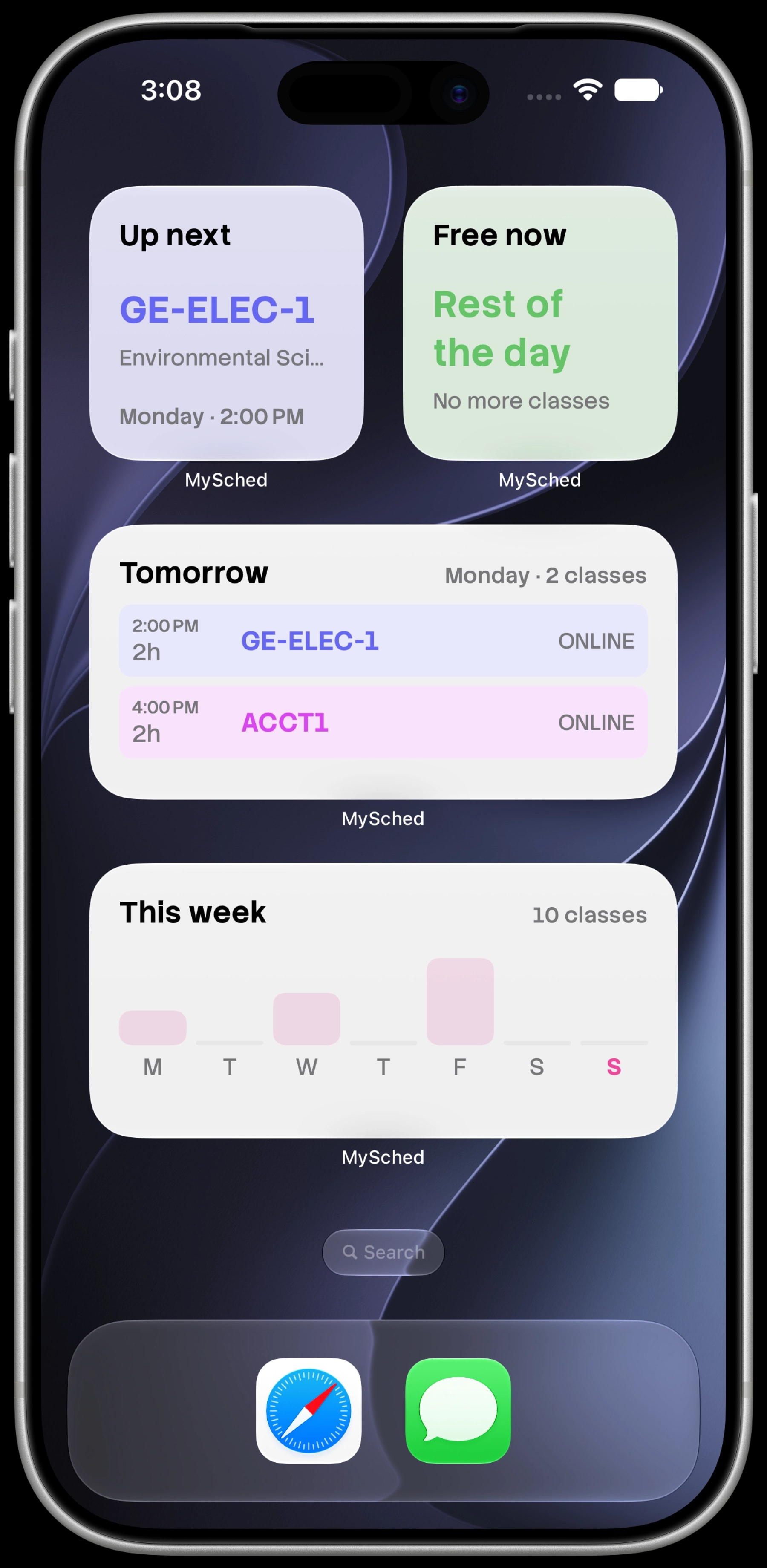 MySched widgets showing the next class, tomorrow's schedule, and the week's classes on an iPhone