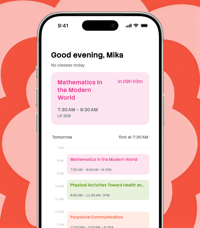 MySched daily schedule showing upcoming classes and their times