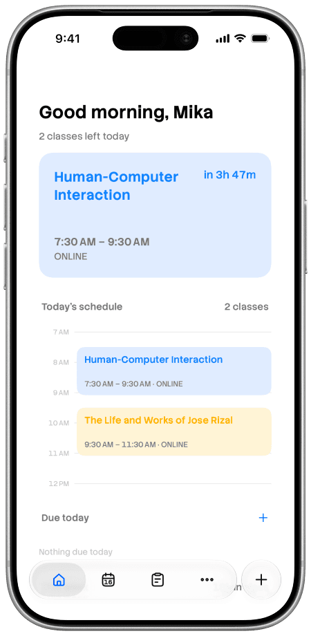 MySched app preview showing the day's class schedule