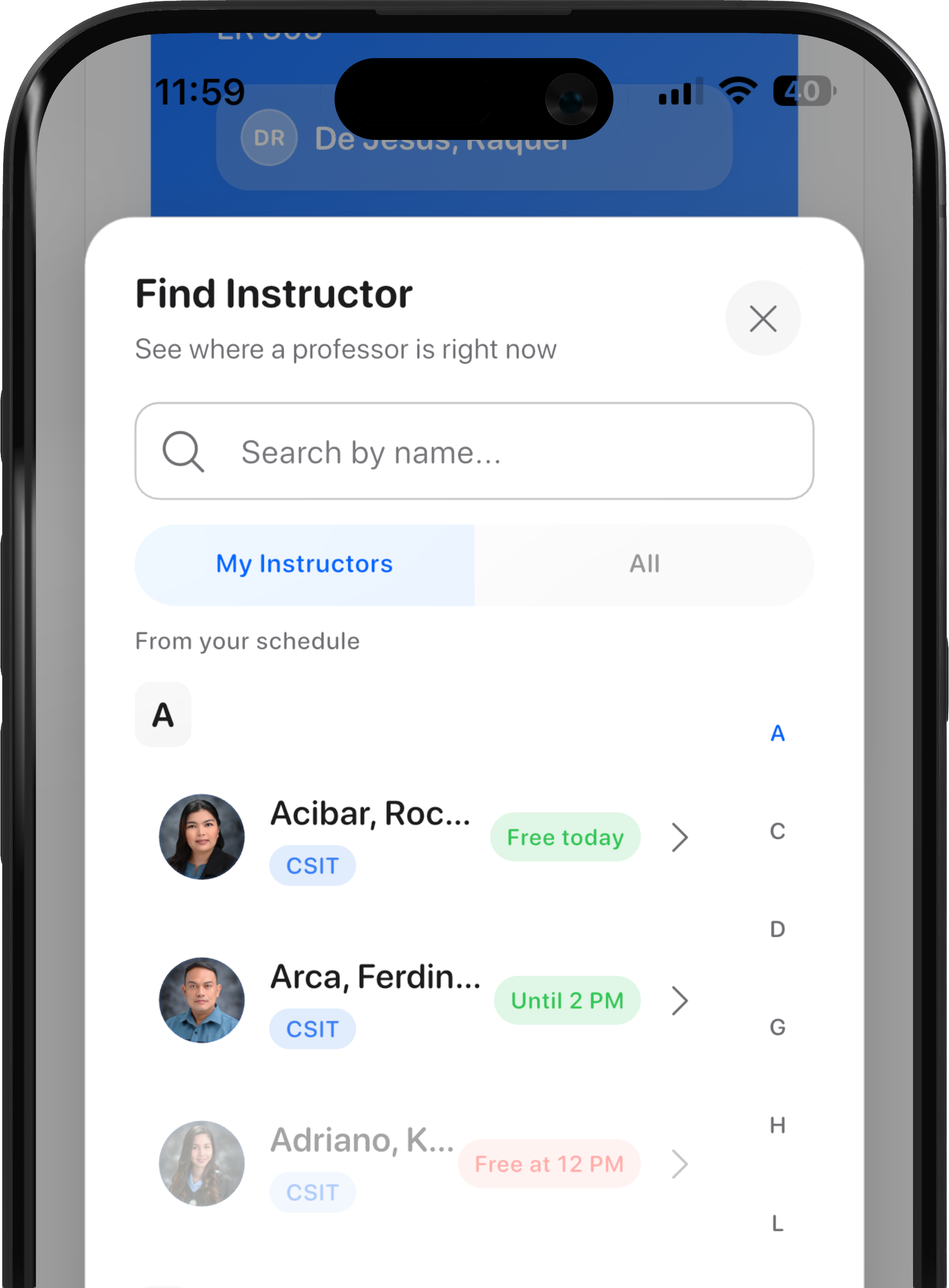 MySched Find Instructor screen preview